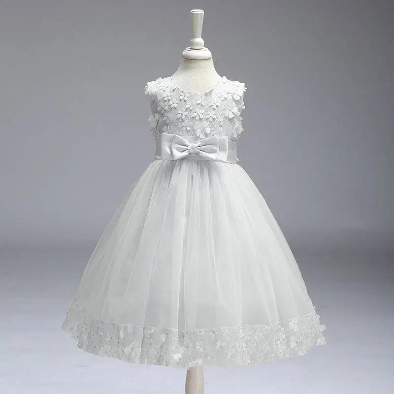 Maroon lace girls princess dress featuring a white floral lace bodice with tulle summer skirt and satin waist bow
