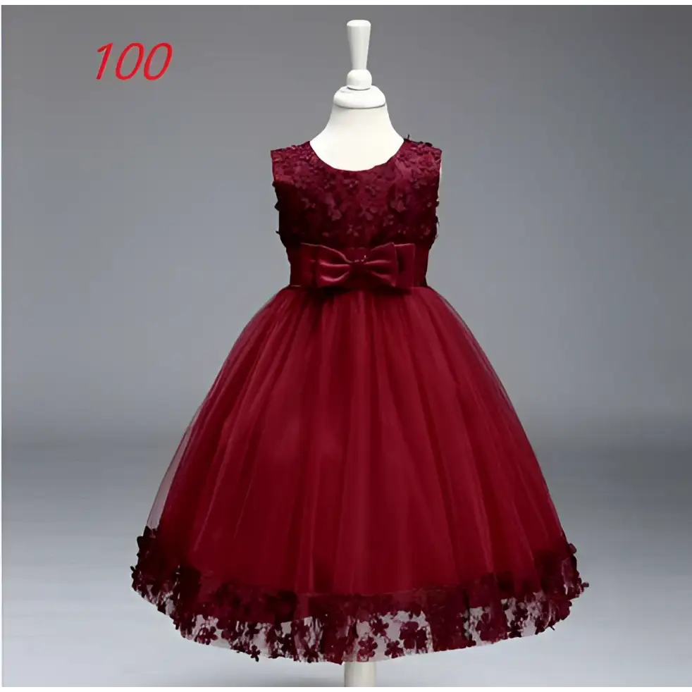 Maroon lace girls princess dress with fitted bodice, large waist bow, and floral trim summer skirt kids design