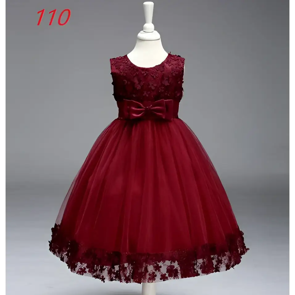 Maroon lace girls princess dress with fitted bodice, large bow waist, and ruffled hem summer skirt kids design