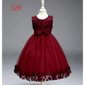 Maroon lace girls princess dress with sleeveless fitted bodice, satin bow waist, and floral lace trimmed tulle skirt