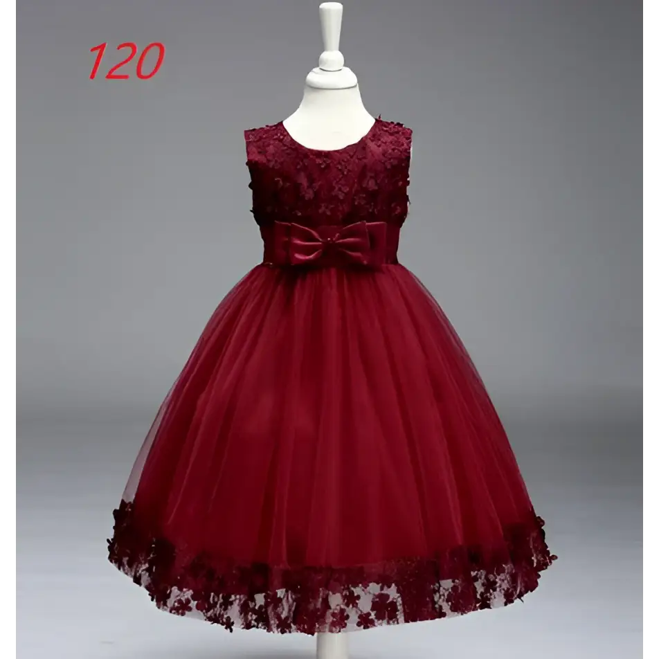 Maroon lace girls princess dress with sleeveless fitted bodice, satin bow waist, and floral lace trimmed tulle skirt