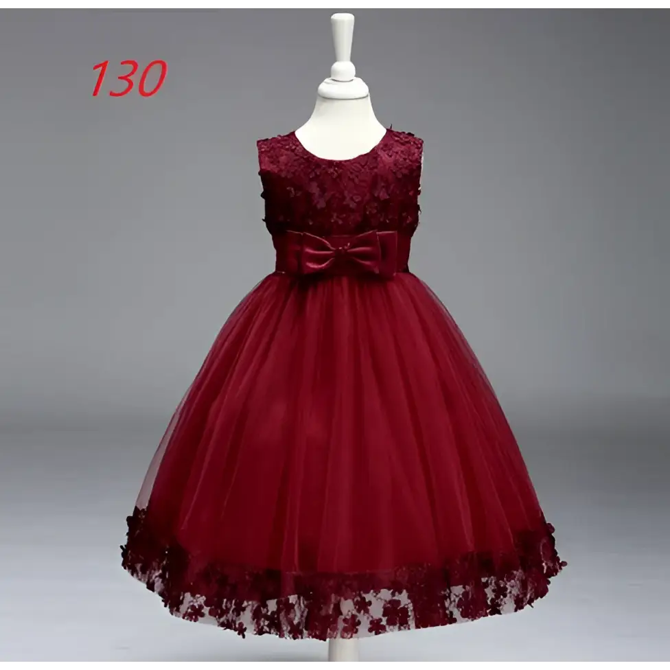 Maroon lace girls princess dress with fitted bodice, tulle skirt, bow waist, and floral trim for flower girl use