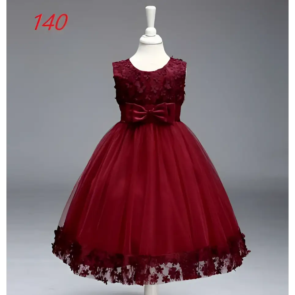 Maroon lace girls princess dress with sleeveless fitted bodice large waist bow and voluminous tulle summer skirt kids