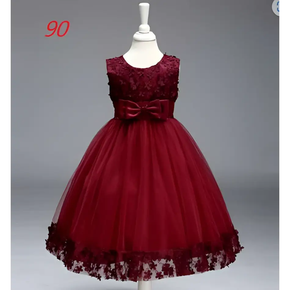 Maroon lace girls princess dress with fitted bodice bow waist and ruffled hem suitable for summer skirt kids events