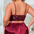 Maroon lace strap plus size two-piece suit featuring a lace bra with thin straps and satin matching bottoms