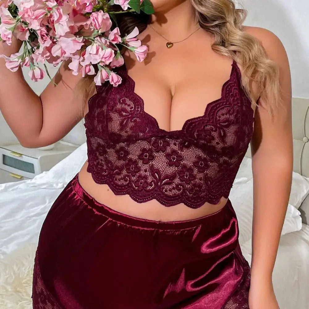 Maroon lace strap plus size two-piece suit featuring a floral lace crop top with scalloped edges and intricate patterns
