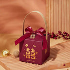 Maroon minimalist wedding candy gift box with gold double happiness symbol and matching ribbon bow for favors