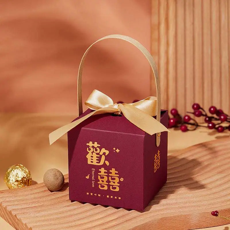 Maroon minimalist wedding candy gift box with gold chinese characters and matching satin ribbon bow in fashion simple style