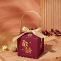 Maroon minimalist wedding candy gift box with gold chinese double happiness symbol and cream satin ribbon bow