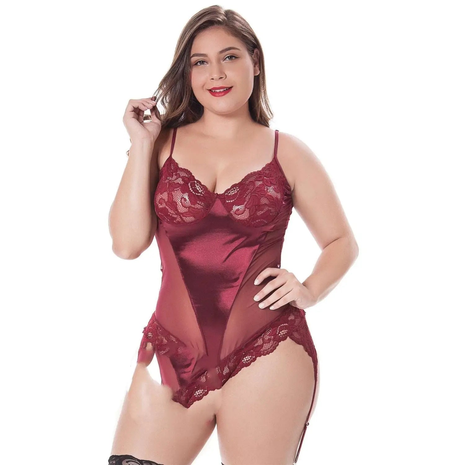 A maroon satin bodysuit with lace trim and thin straps featured in the 2026 guide to floral lace sets and plus size lingerie.