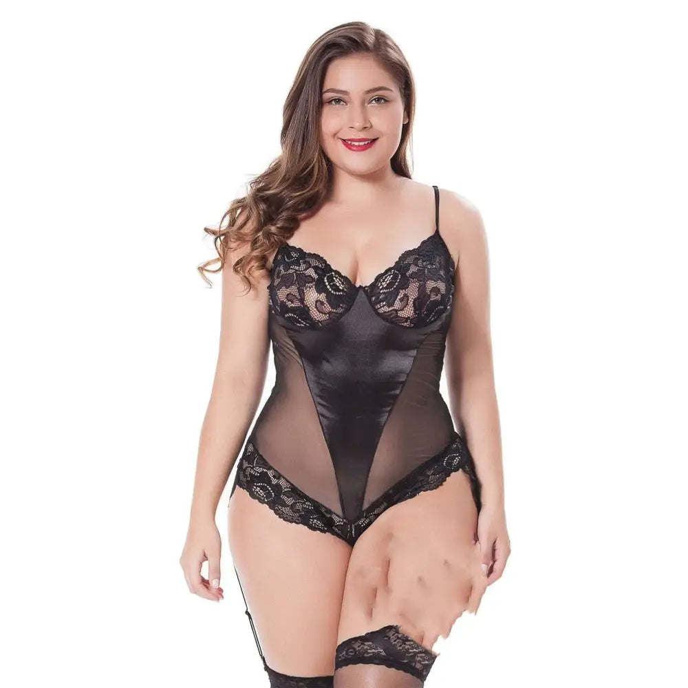 Maroon satin plus size european bodysuit stretch nightdress with black lace bodysuit featuring sheer mesh panels and satin accents