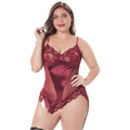 Maroon satin plus size european bodysuit stretch nightdress with lace trim and thin straps for elegant nightwear