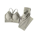 A sleek light gray sports high waist tight seamless two-piece set with a supportive bra top and stretchy leggings