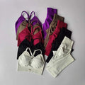 A collection of colorful form-fitting sports high waist tight seamless bras and matching tight seamless leggings in solid hues