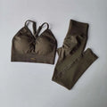 Olive green seamless workout set with crisscross strap bra and sports high waist tight seamless leggings