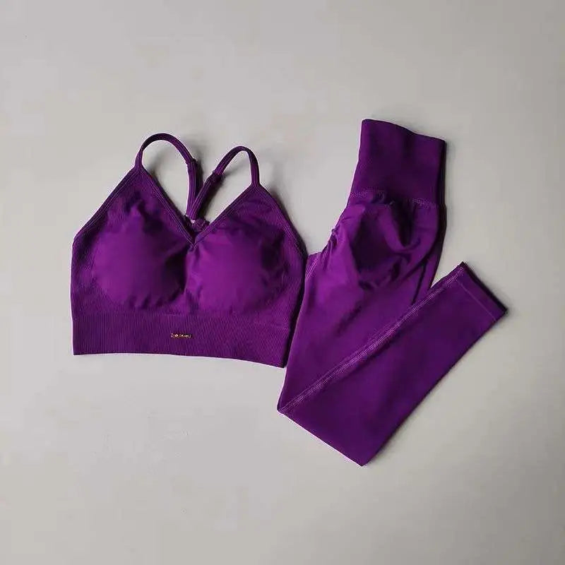Purple athletic two-piece set with cropped bra top and matching sports high waist tight seamless leggings