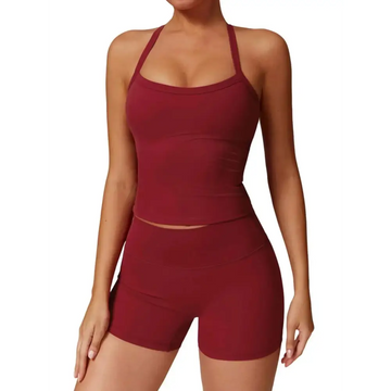 Maroon two piece workout set with halter top and high waist stretchy shorts for women matching workout wear