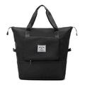Black nylon travel bag with top handles front pocket and white label designed for maroon wet separation sports use