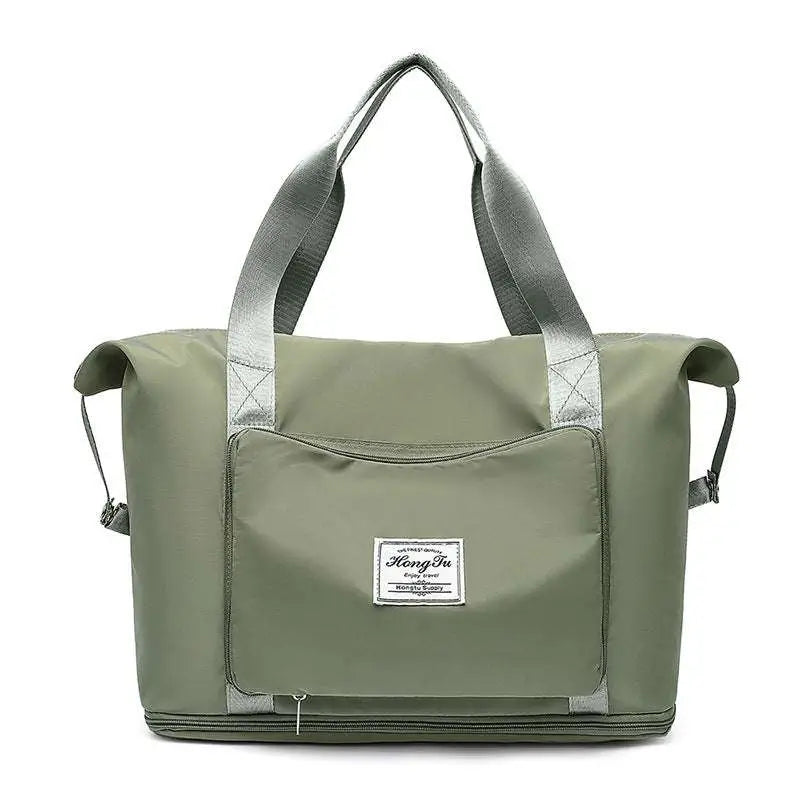 Olive green nylon wet separation sports travel bag with silver trim front zip pocket and branded label designed for maroon wet separation use