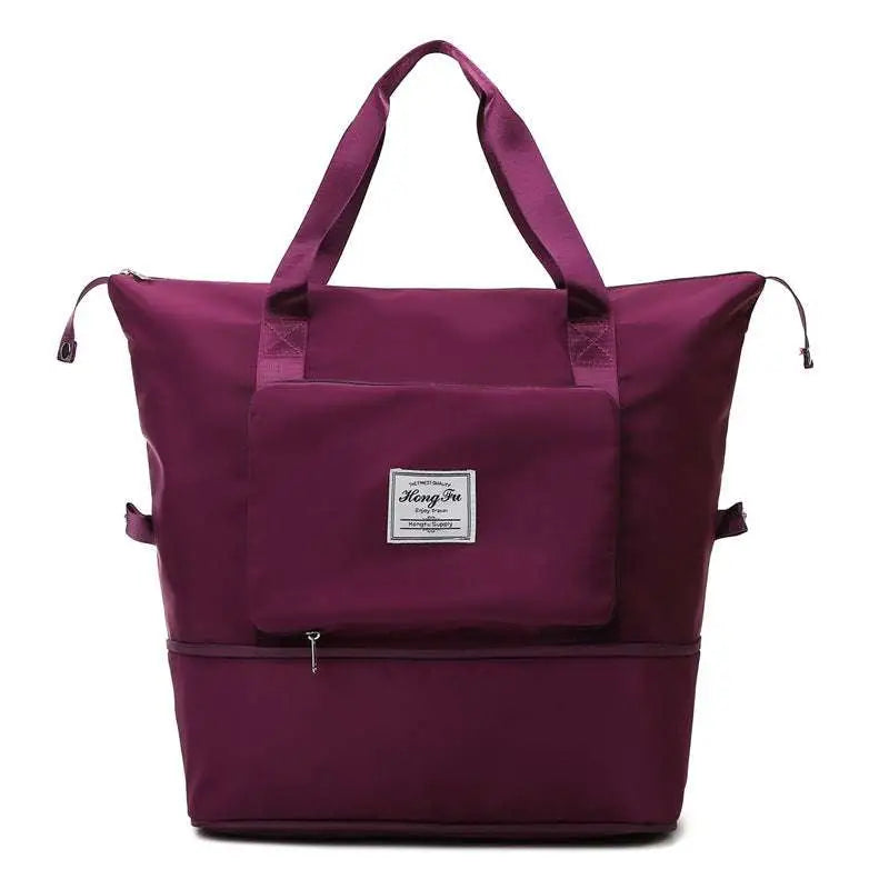 Maroon wet separation sports portable shoulder bag with two handles, front pocket with label designed and expandable compartment