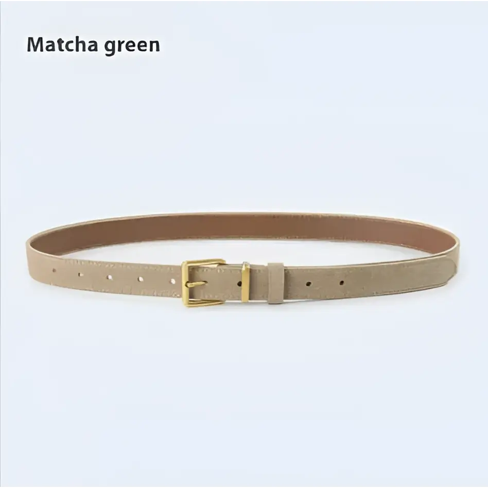 Matcha green suede leather belt for women with gold-toned buckle featuring durable suede leather belt material