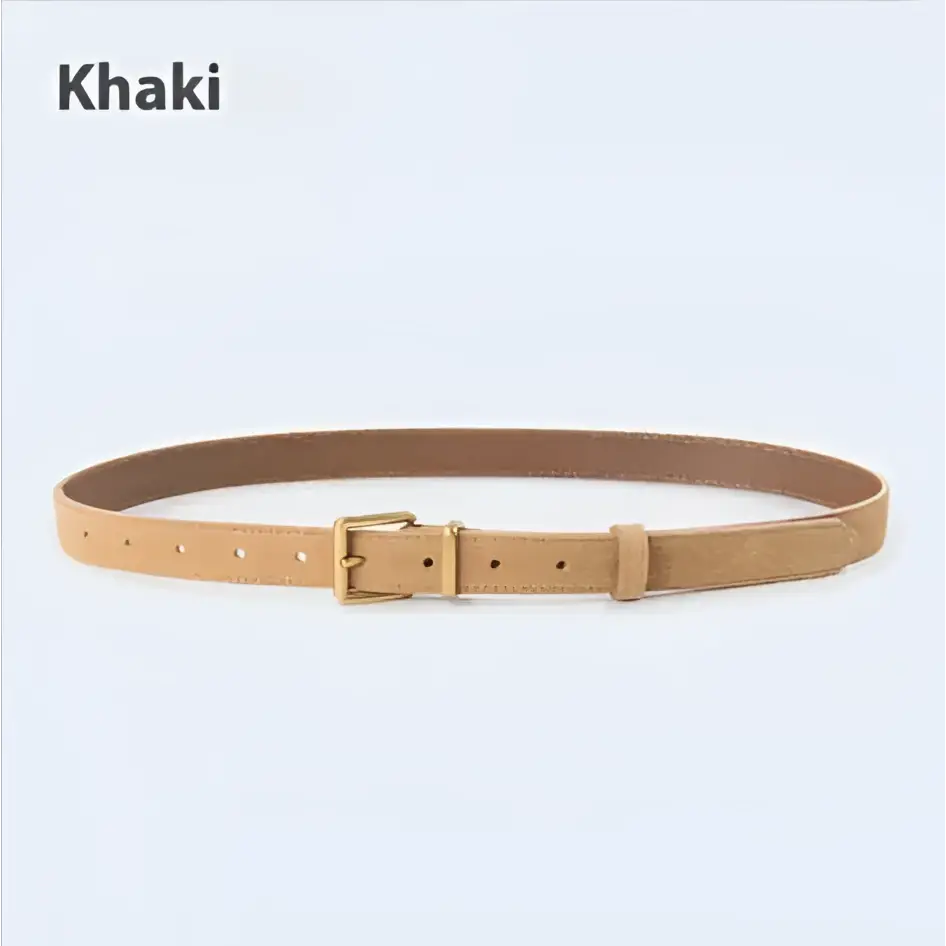 Khaki leather belt with gold-toned buckle complementing a matcha green women’s suede leather belt accessory