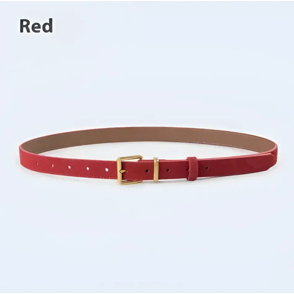 Red suede leather belt with gold-toned buckle for women’s suede leather accessories collection