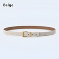 Beige leather belt with gold-toned buckle and subtle perforations complementing women’s suede leather fashion