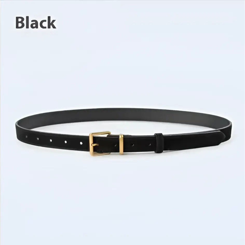 Black leather belt with gold-toned buckle contrasting a matcha green suede leather belt for women’s fashion