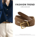 Brown suede leather belt for women with gold-toned rectangular buckle suitable for matcha green styles