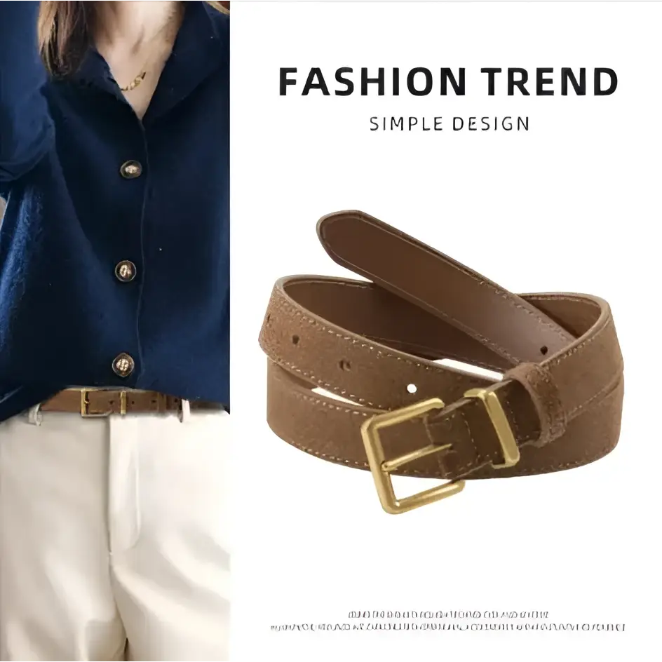 Brown suede leather belt for women with gold-toned rectangular buckle suitable for matcha green styles