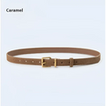Caramel-colored leather belt with gold-toned buckle and stitching complementing women’s suede leather belt style