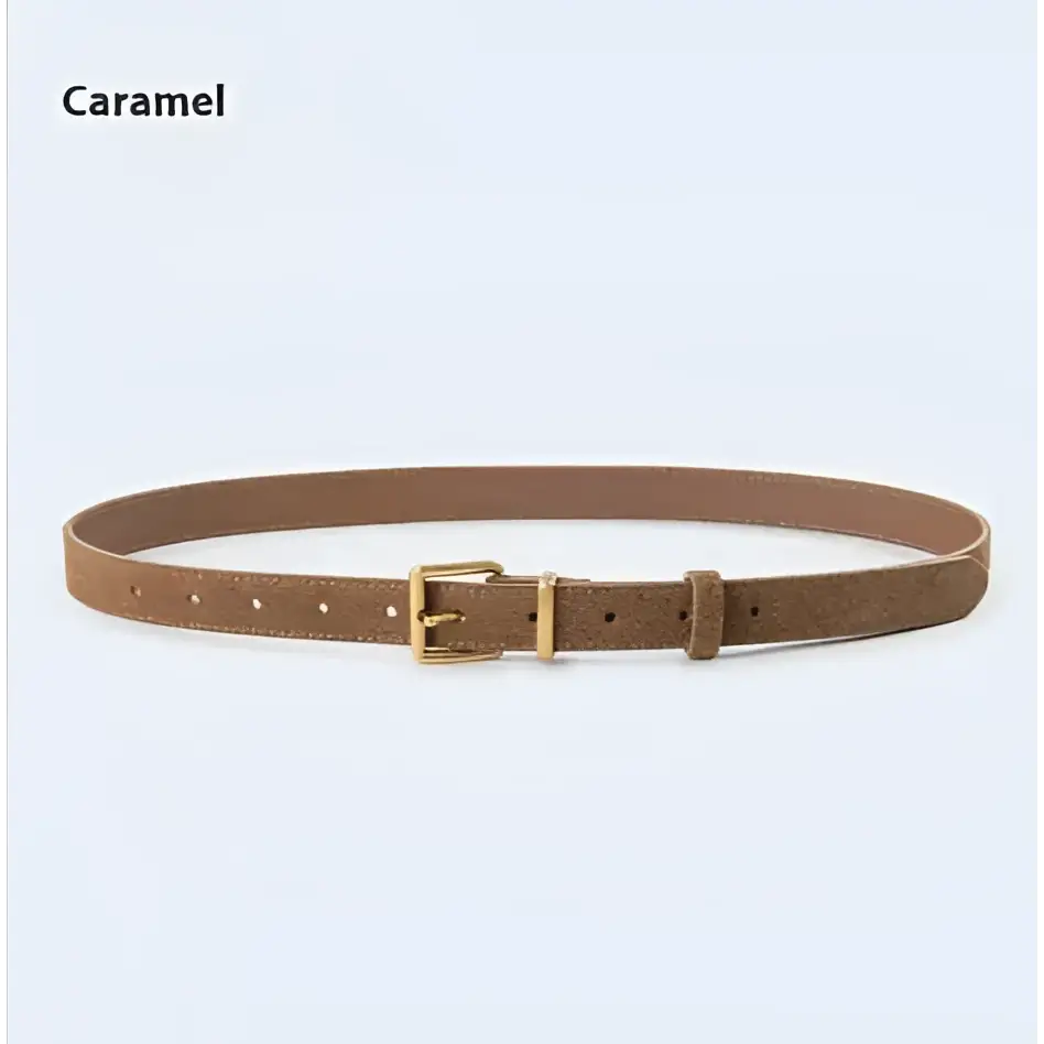 Caramel-colored leather belt with gold-toned buckle and stitching complementing women’s suede leather belt style