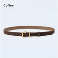 A sleek coffee-brown leather belt with polished gold buckle and stitching complementing a matcha green suede leather belt