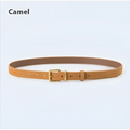 Tan leather belt with gold toned buckle and matching prong closure for women’s suede leather and matcha green outfits