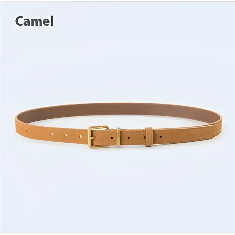 Tan leather belt with gold toned buckle and matching prong closure for women’s suede leather and matcha green outfits