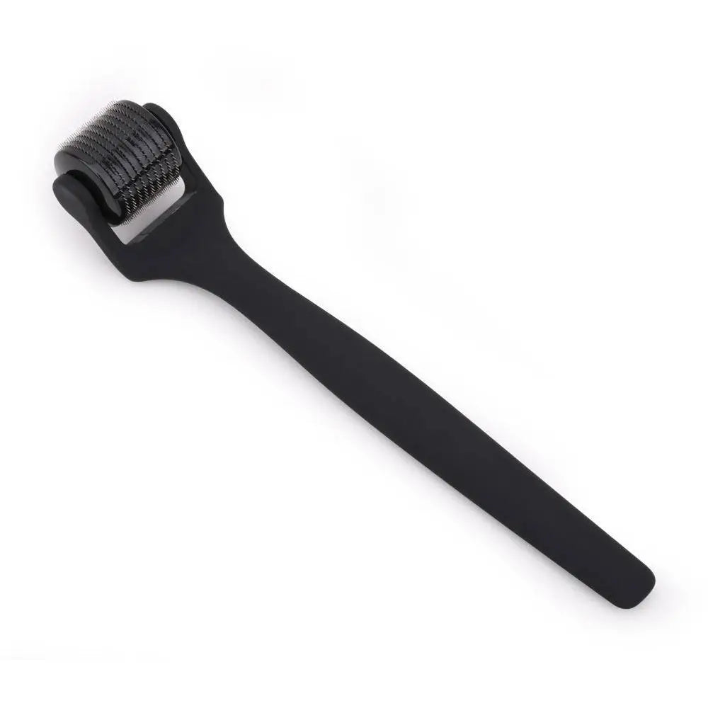 Matte black microneedle roller with a sleek oil rubber handle and cylindrical head featuring multiple fine needles
