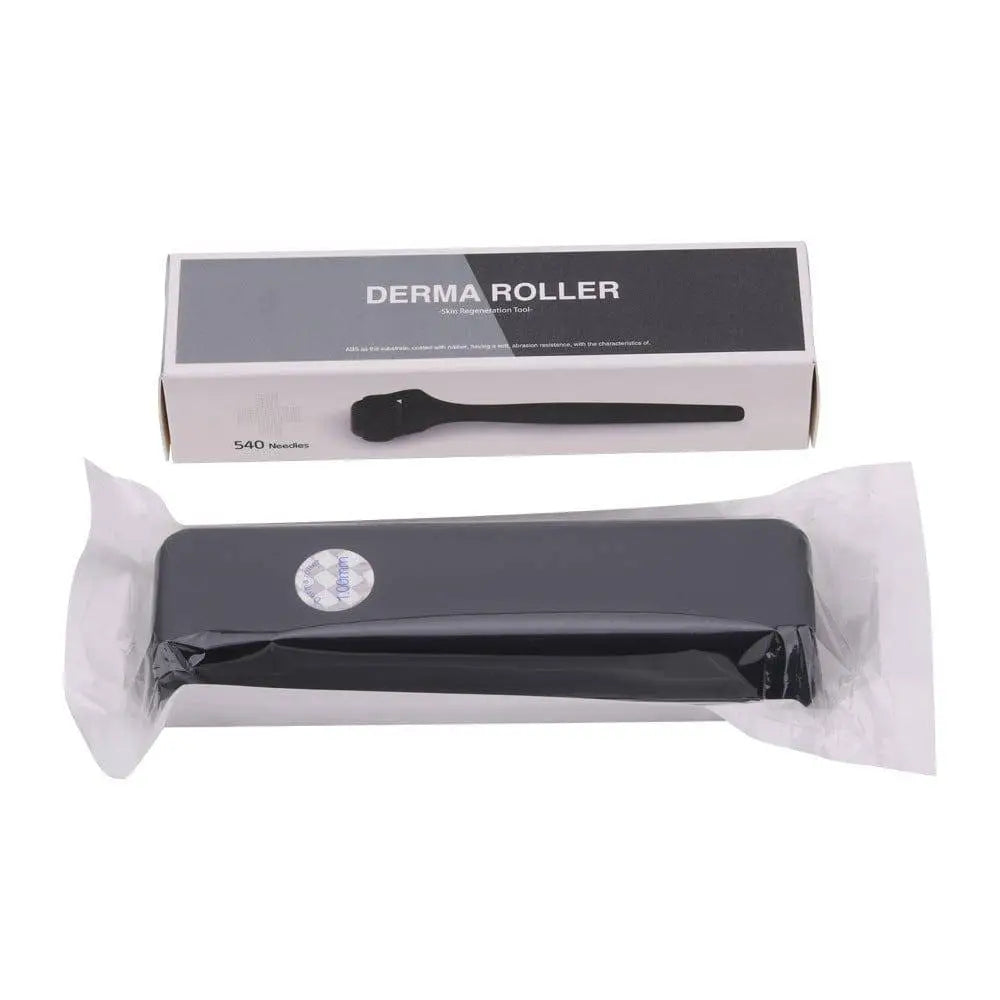 Matte black microneedle roller with textured metallic needle head and oil rubber handle in matching black case