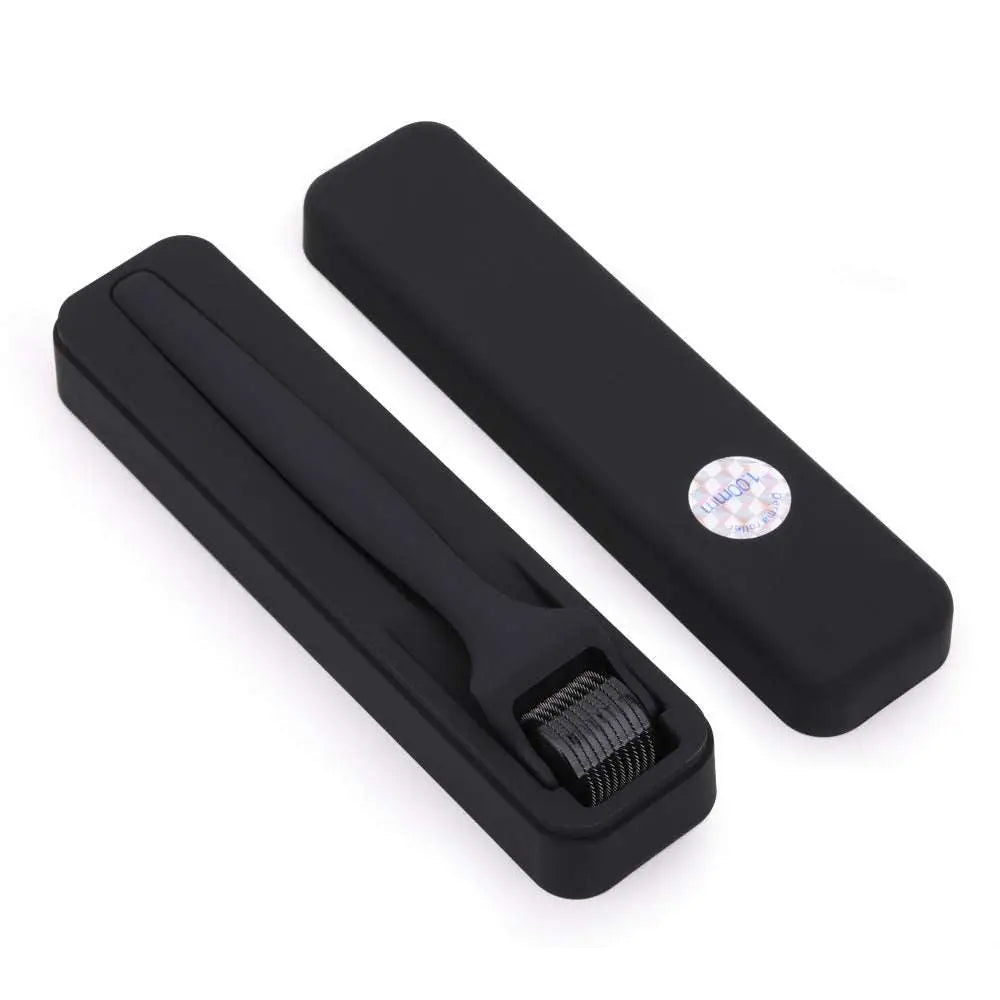 Matte black microneedle roller with textured metallic needle head and oil rubber handle in matching black case