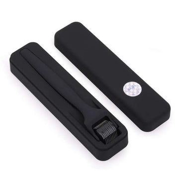 Matte black microneedle roller with textured metallic needle head and oil rubber handle in matching black case