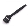 Matte black microneedle roller with a black plastic oil rubber handle and fine metal needles for skincare use