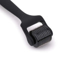 Matte black microneedle roller with dense fine metallic needles and sleek oil rubber handle for precise skincare use