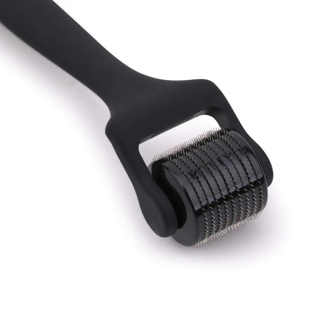 Matte black microneedle roller with dense fine metallic needles and sleek oil rubber handle for precise skincare use