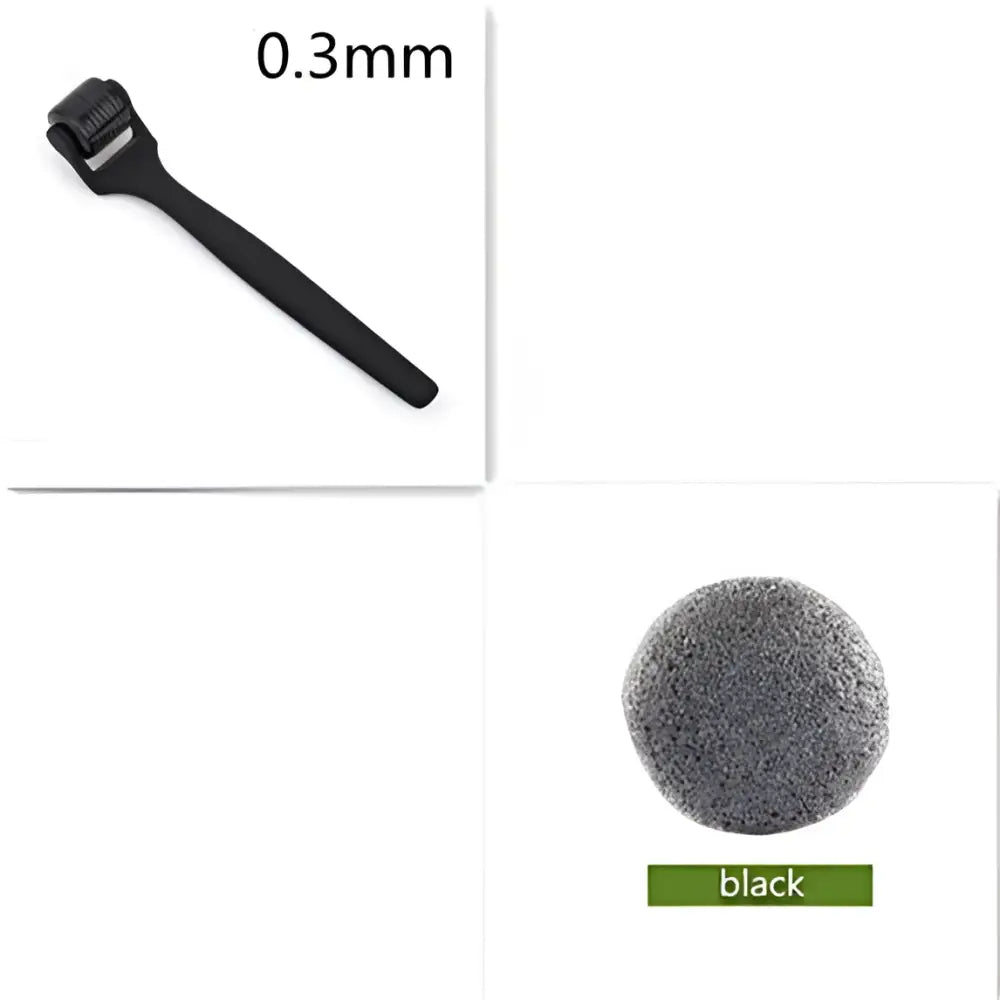 Matte black microneedle roller with 0.3mm fine metal needles and oil rubber handle for smooth skincare application