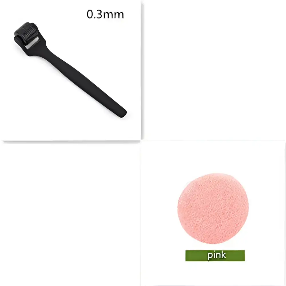 Matte black microneedle roller with a textured 0.3mm black microneedle head and oil rubber handle next to a pink sponge