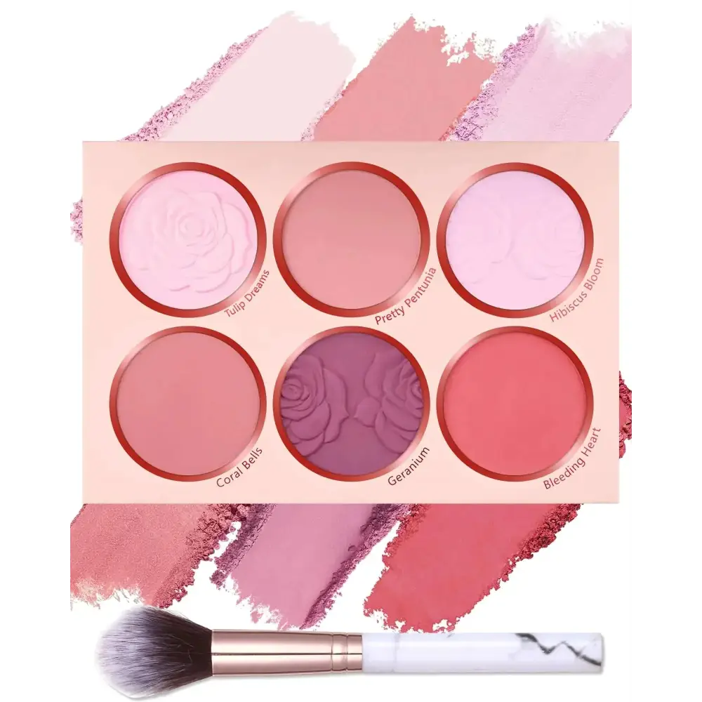 Matte face blush palette featuring pastel pink and coral blush shades with rose embossed powder in minimalist design