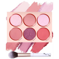 Matte face blush palette featuring pastel pink and coral blush shades with rose embossed powder in minimalist design