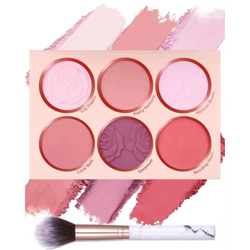 Matte face blush palette featuring pastel pink and coral blush shades with rose embossed powder in minimalist design