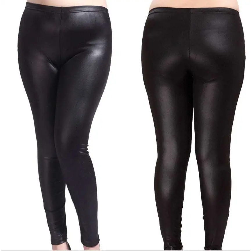 Black shiny faux leather leggings with matte feet elastic and elastic plus size design for a form-fitting fit