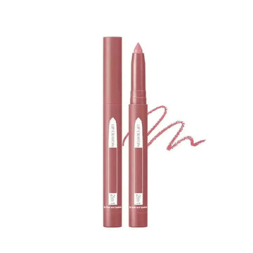A sleek matte rose-pink lip crayon and matching case labeled 2 in 1 featuring matte lipstick and lip liner functions